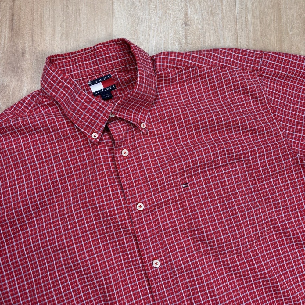 Y2K Tommy Hilfiger Men's XL Red Check Plaid Short Sleeve Button Up